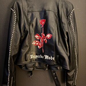 Faux Black Leather Jacket with Red Rose and Studded Sleeves